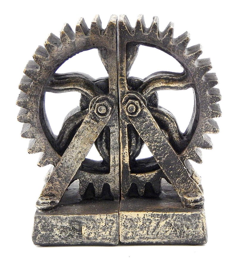 Bellaa 25662 Decorative Bookend Gear Book Ends Industrial Science Rustic Vintage Unique Heavy Steampunk Statues Bookshelves Stopper Support Home Decor Accents - Image 1